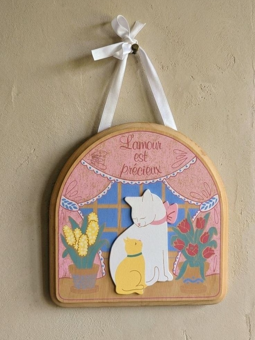 Pink Cat Vintage Wall Decor "L'amour est précieux" Cottagecore